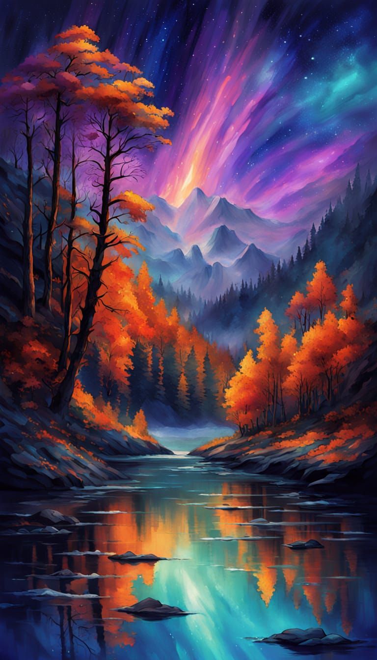 Glowing Nebula with Vibrant Lilly Pads and Jellyfish