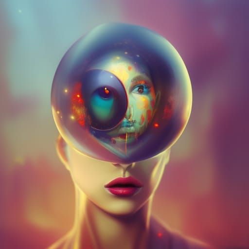 Neon Woman in Glass Sphere: Reflective Iridescence