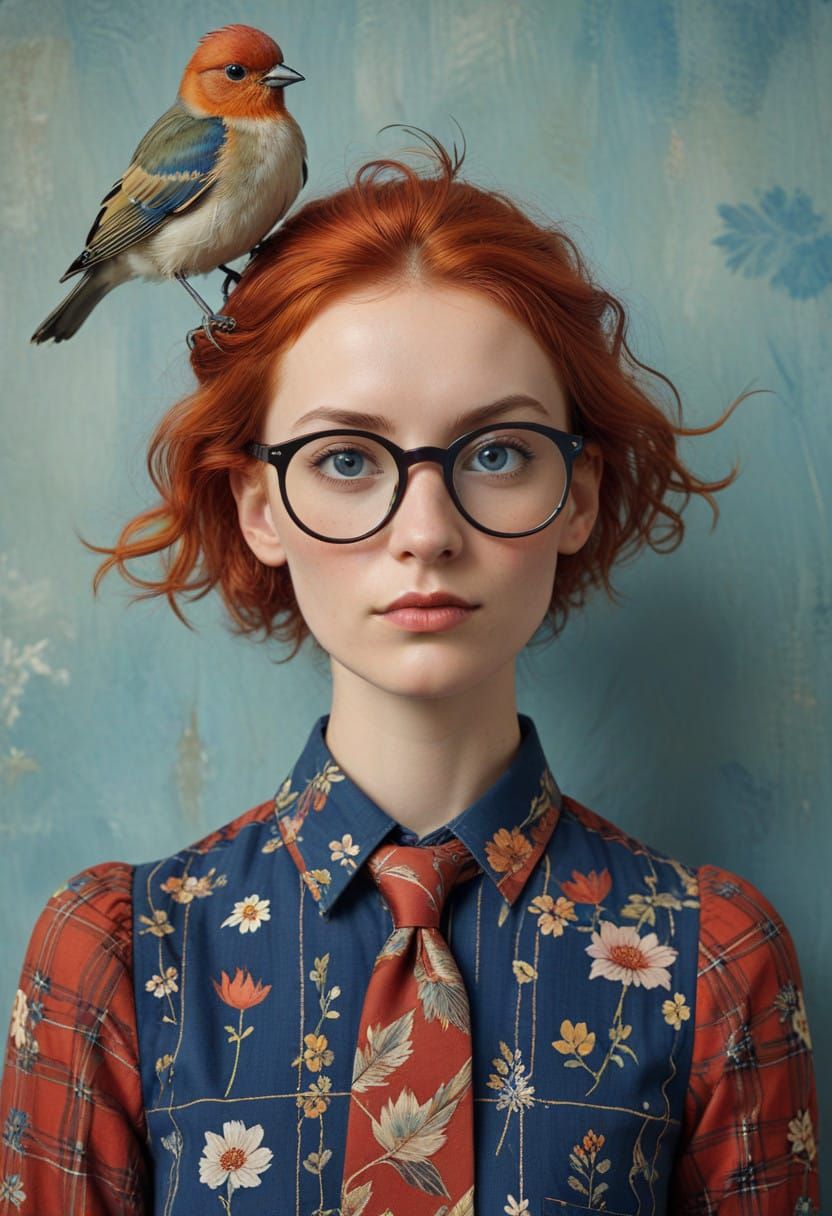 Woman with Fiery Red Hair and Bird Confidently Adorns Plaid....