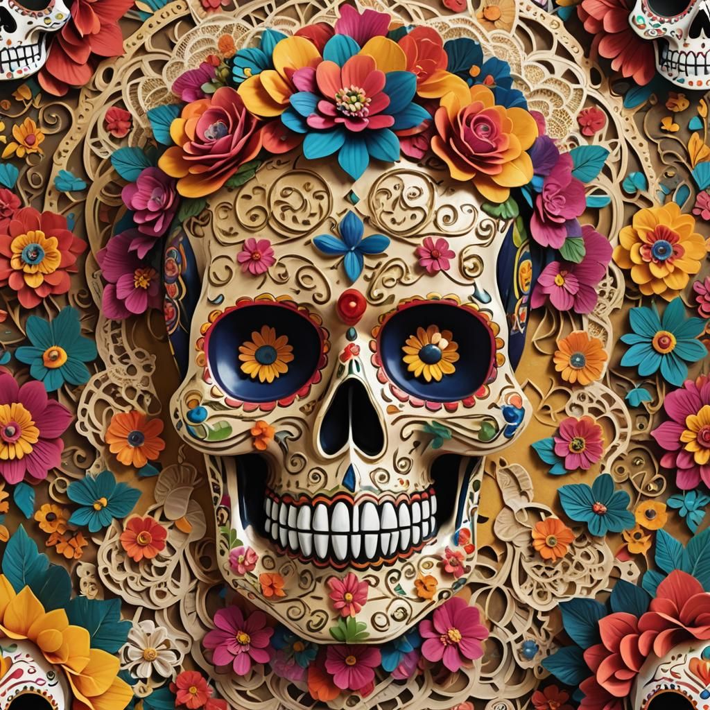 Colorful Sugar Skull in Frida Kahlo Folk Art Style
