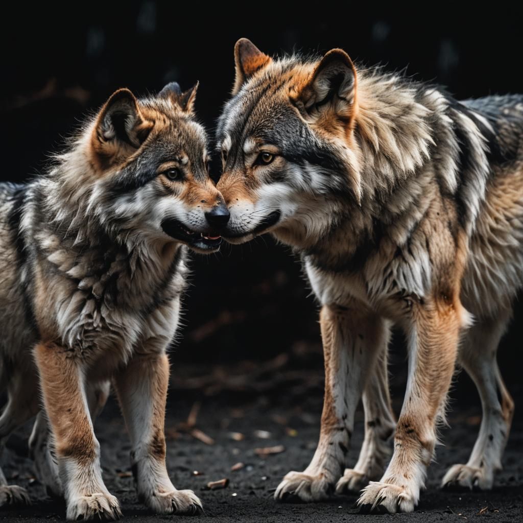 Dramatic Film Still of Ferocious Wolf and Cub