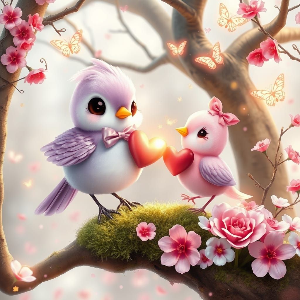 Whimsical Bird in Lavender Feathers, Adorned with Heart-Shap...