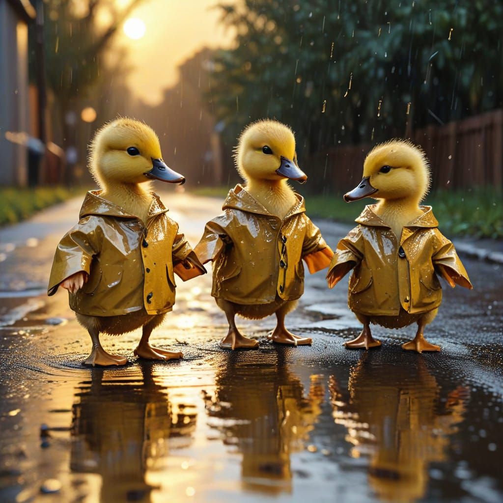 Ducklings in Raincoats: Abstract Art in Golden Light