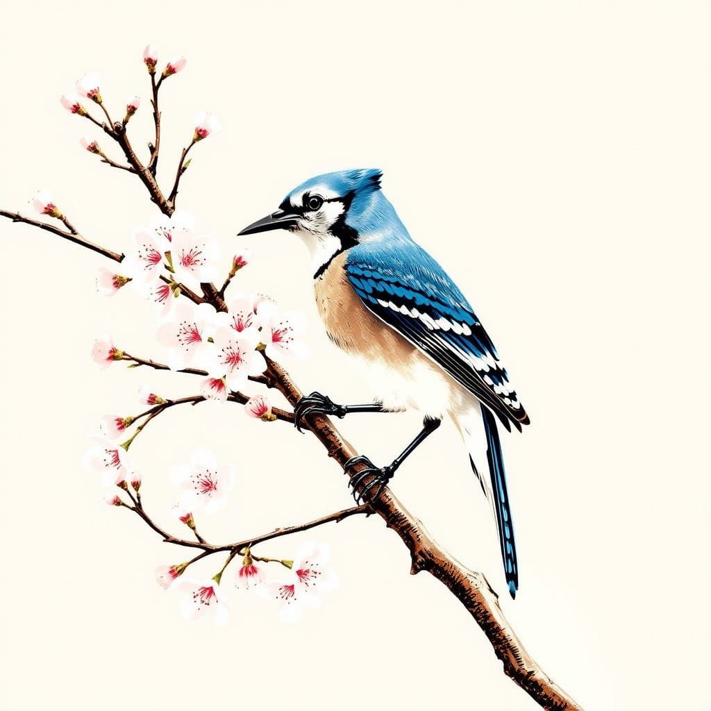 Vibrant Bluejay Blossom Tree Branch in Screen Print Style