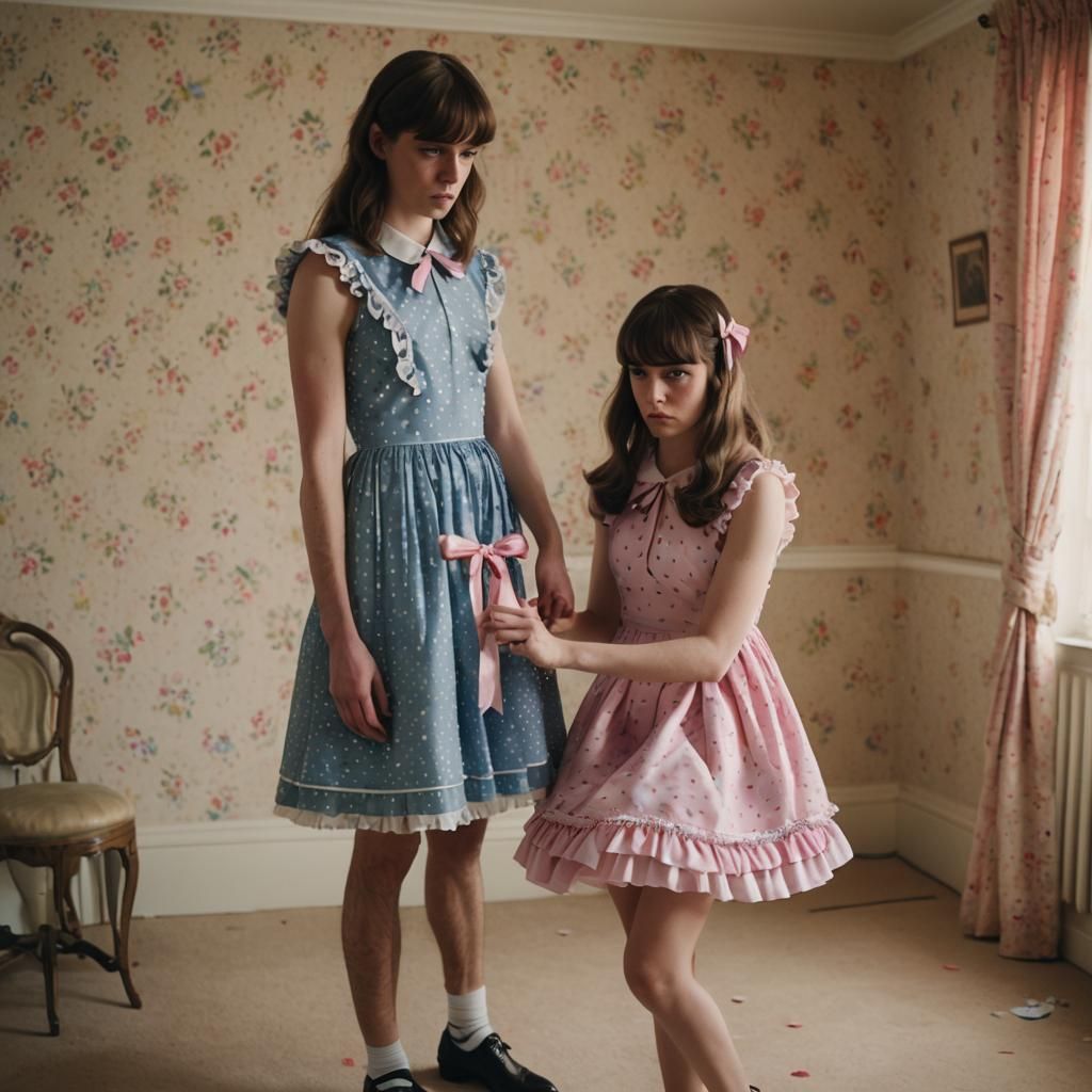 Girl Tying Ribbon on Boy's Head: Film Still