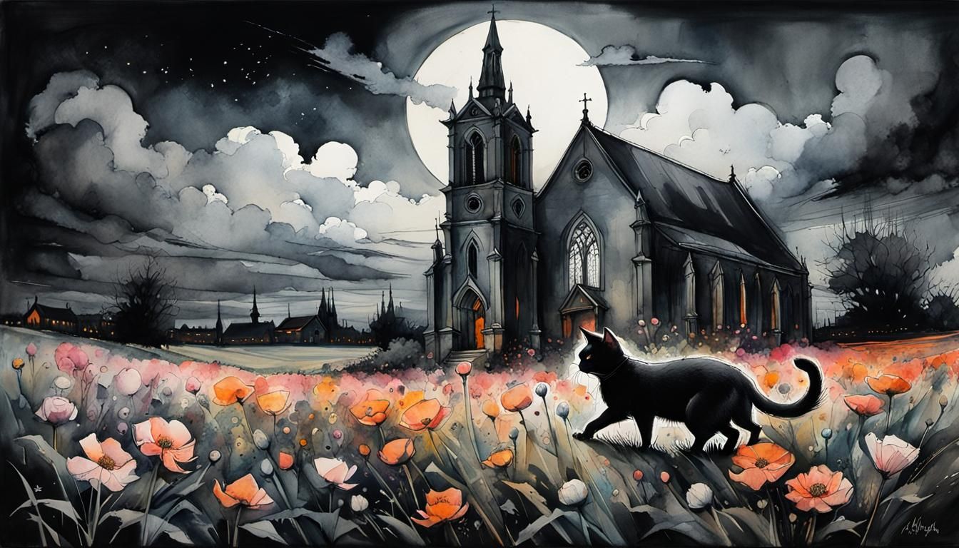 Cat Chasing Nightmares in Flower Field: Watercolor Charcoal