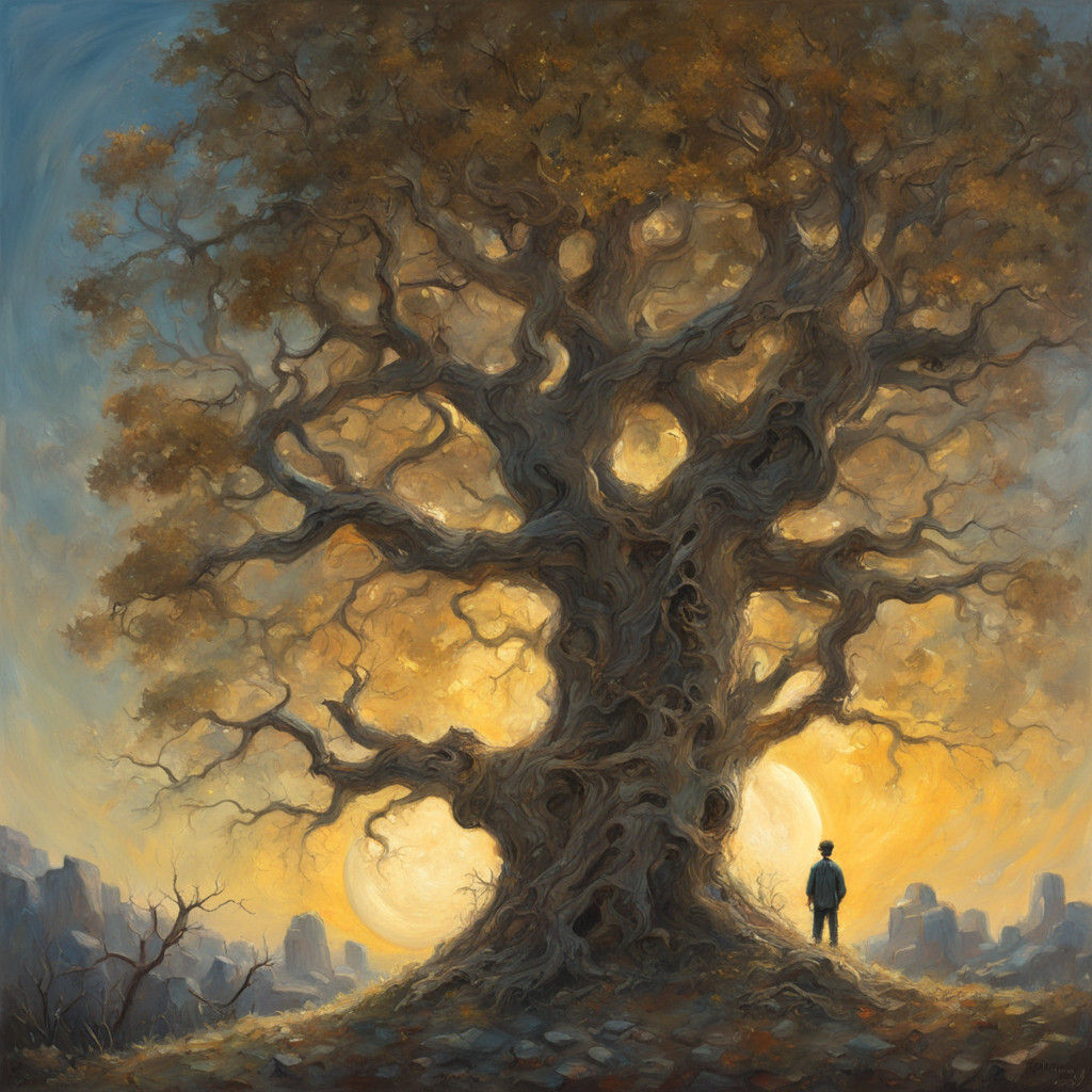 Whimsical Oil Painting of a Distressed Moon Stuck in a Tree