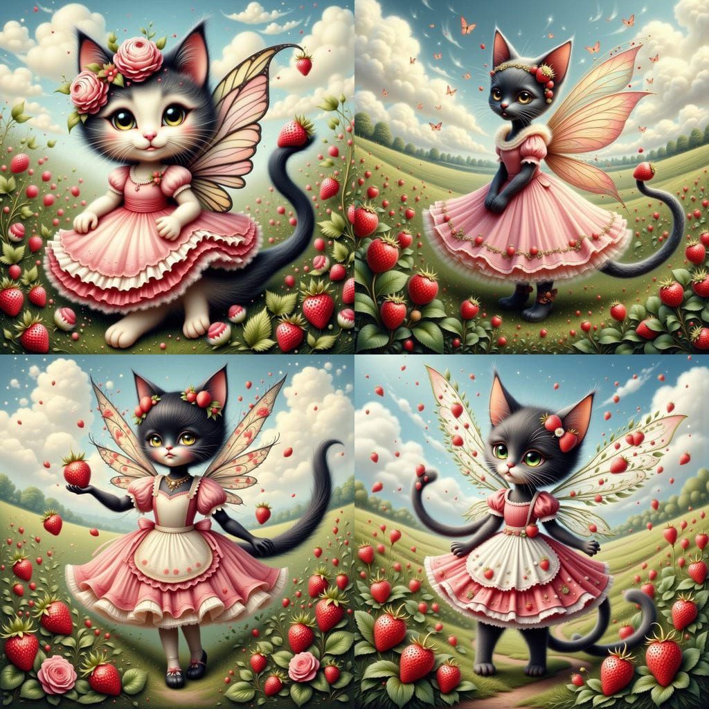 Cat Fairy in Strawberry Field, Fairy Tale Art