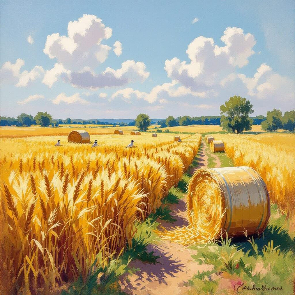 Harvested Grain Field with Storks in Impressionistic Style