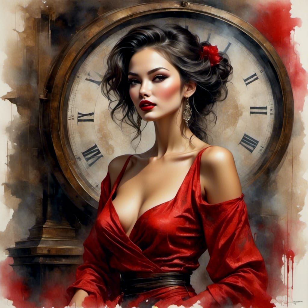 Elegant Woman With Clock in Watercolor Style