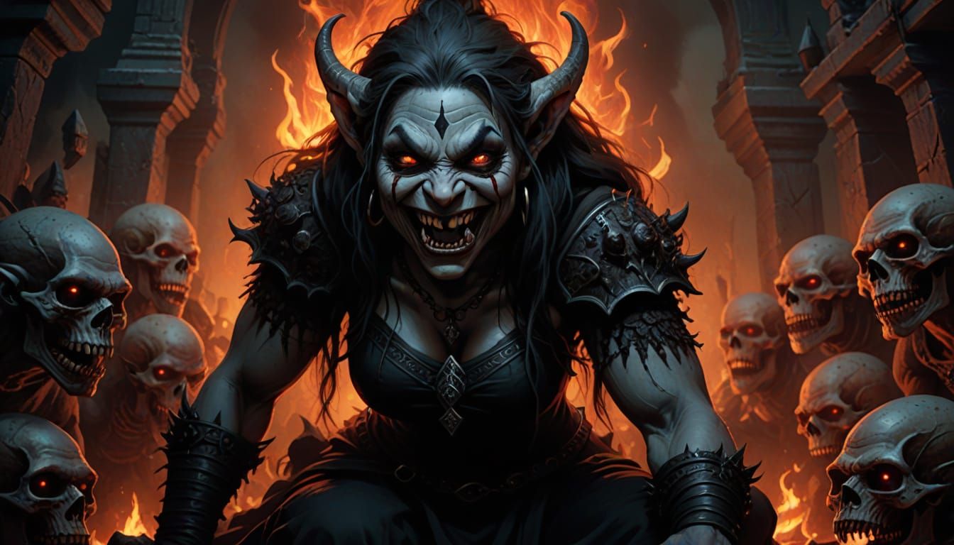 Grey Troll Queen on Skull Throne: Dark Fantasy Art