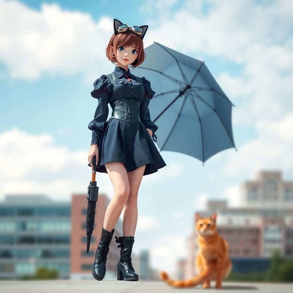 Steampunk Asian Woman with Cat in Bokeh Photo