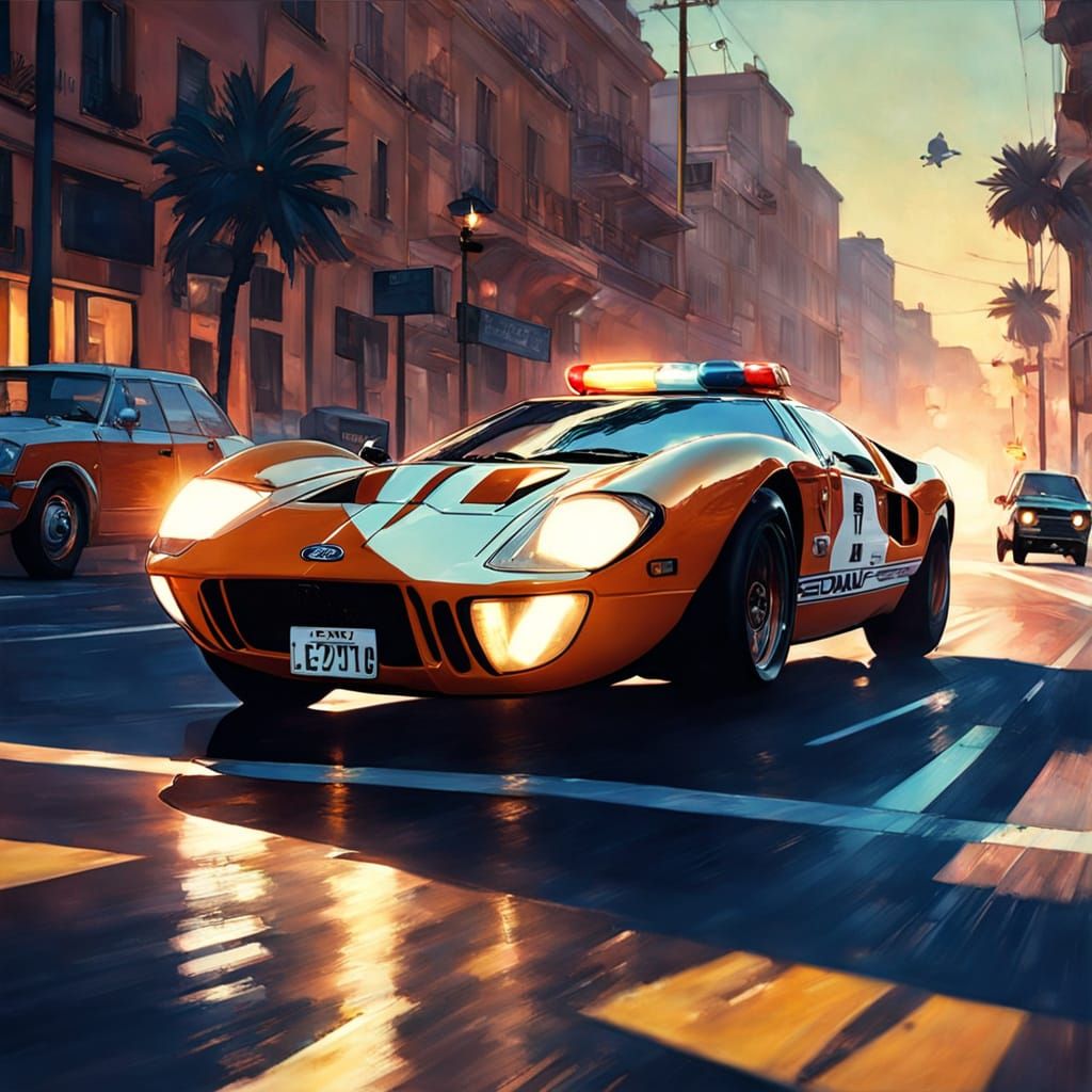 Vintage Ford GT40 Police Car Chase at Sunset