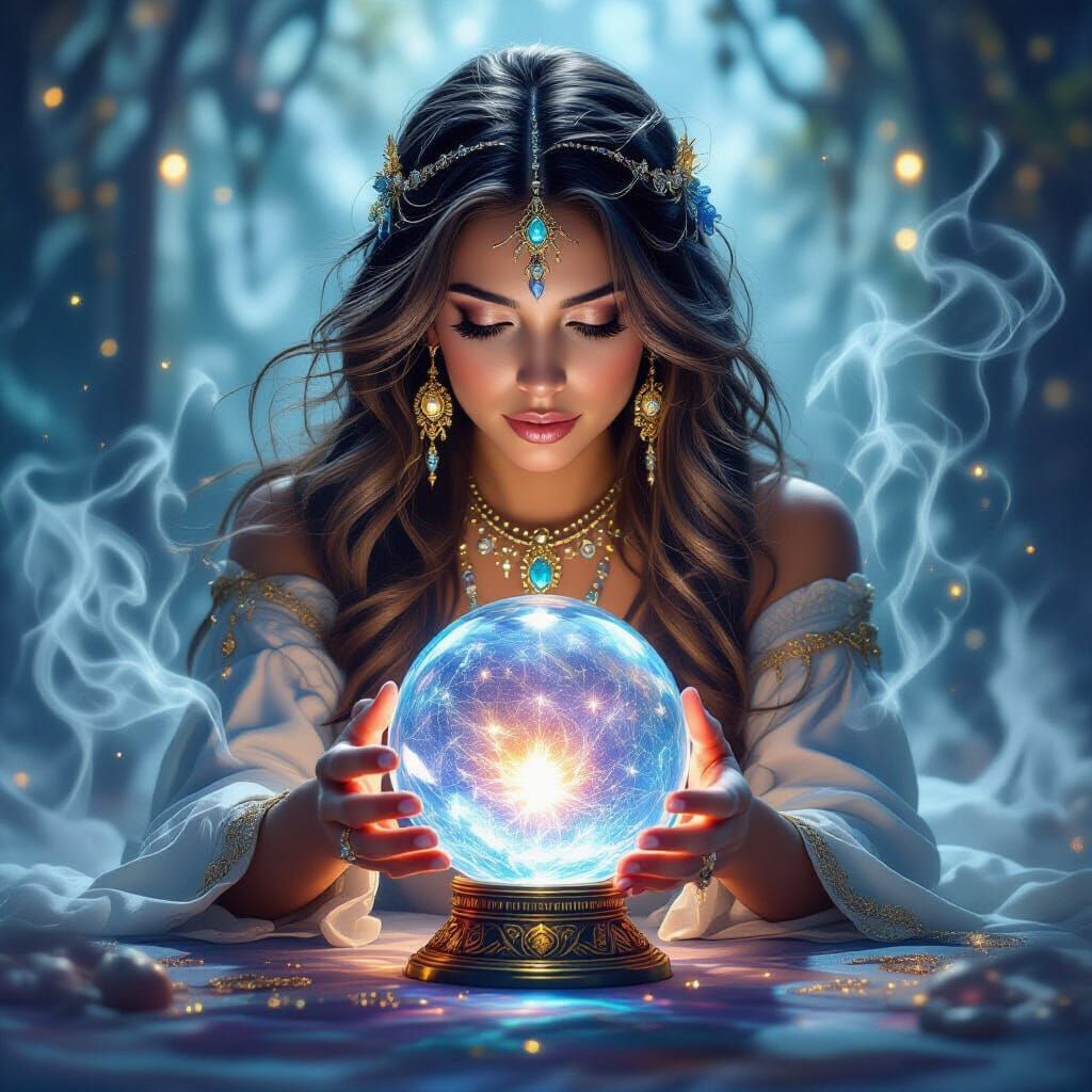 Mystical Clairvoyant Gazes into Crystal Ball