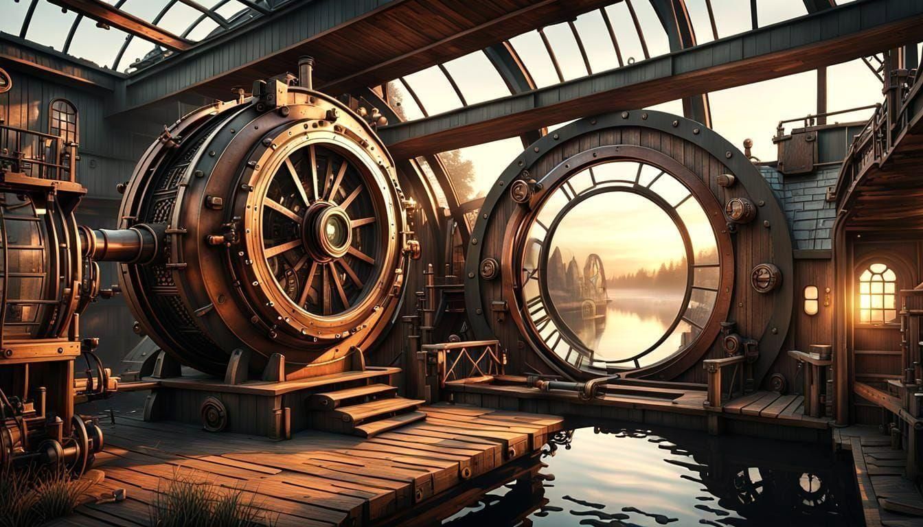 Steampunk House with Water Wheel in Photorealistic Style