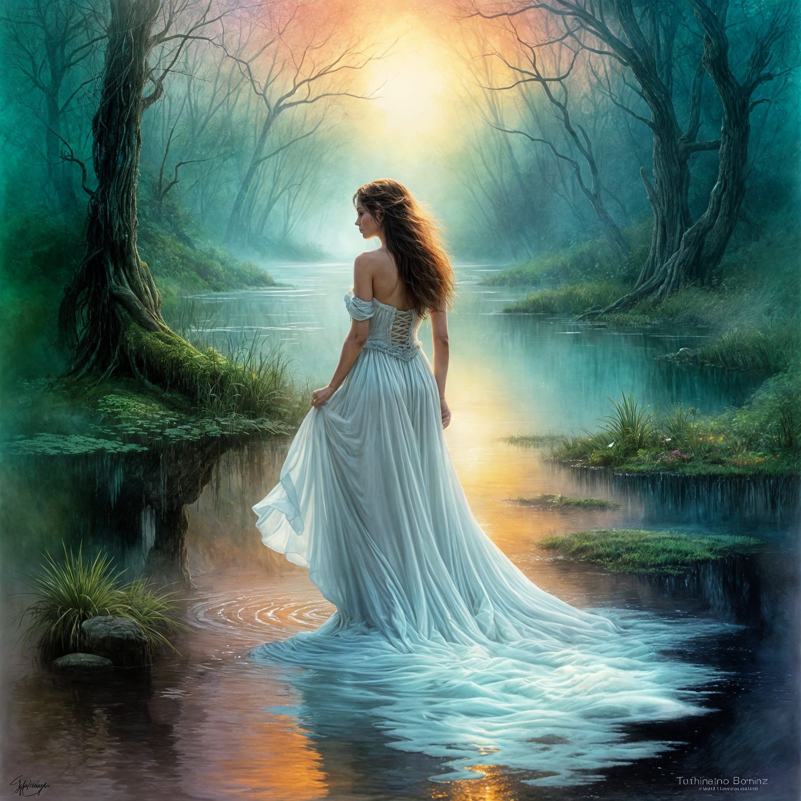 Ethereal Lady in Misty Swamp, Color Pencil Art