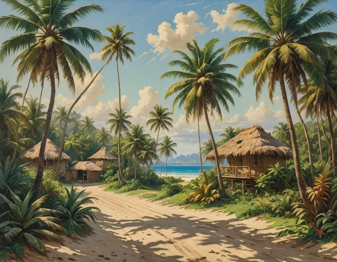 Tropical Island Huts in Victorian Oil Painting Style
