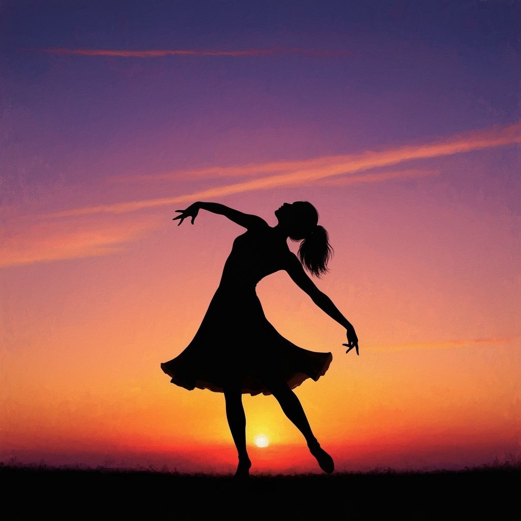Woman Dancing at Fiery Sunset in Painterly Style
