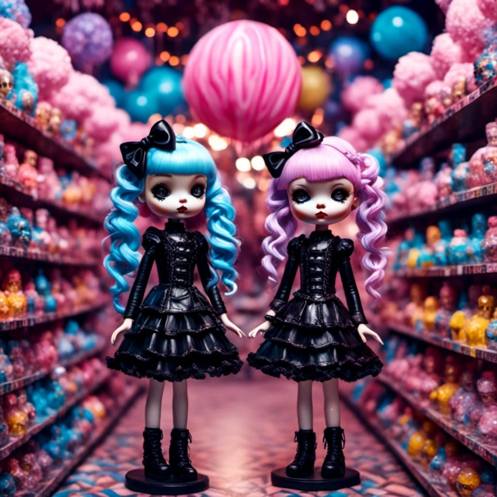 Gothic Doll Twins in Candy Shop: 3D Mixed Media