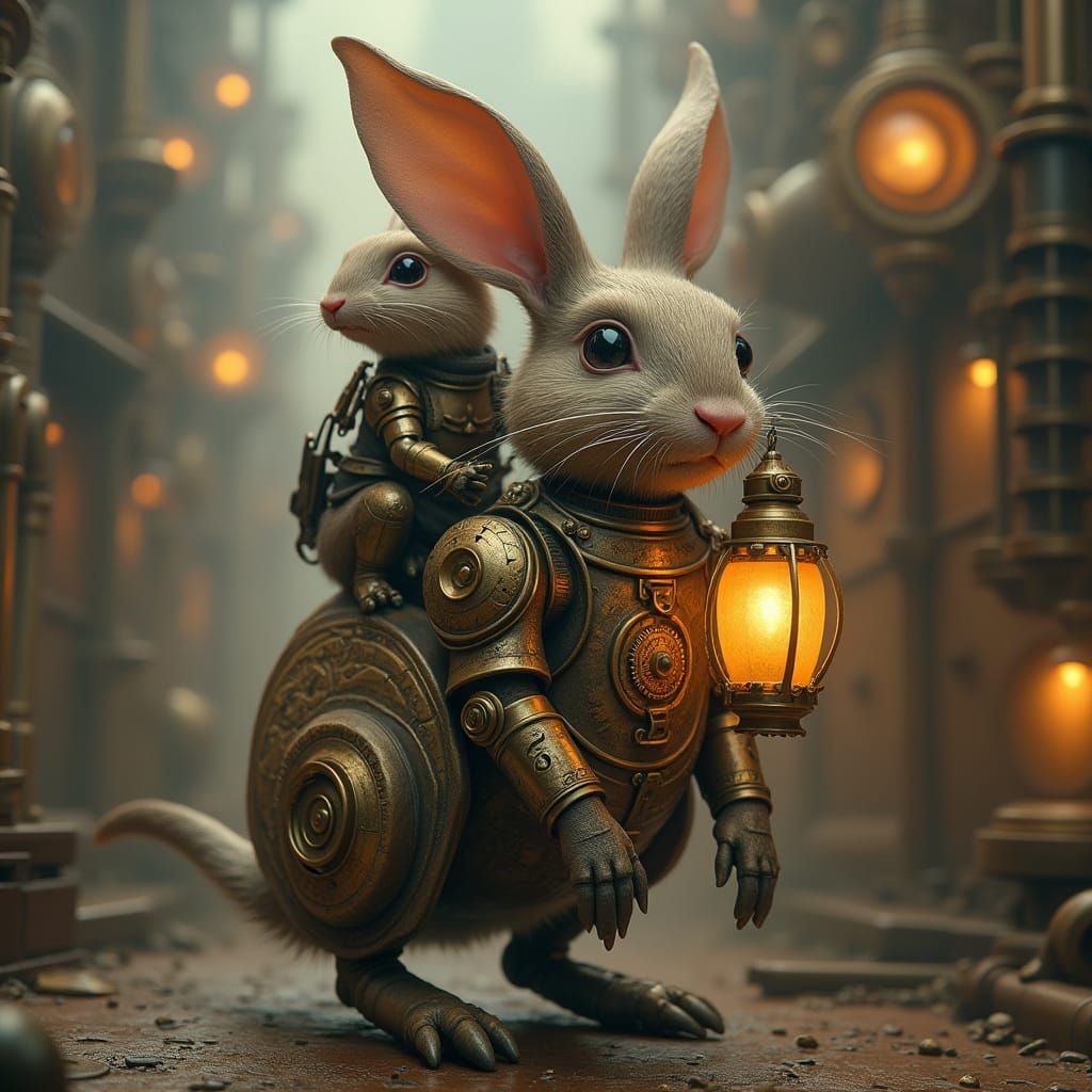 Elegant Steampunk Mouse Knight Rides Clockwork Rabbit Throug...