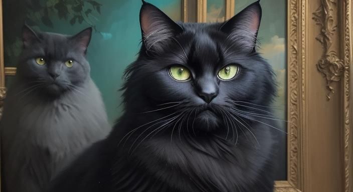 Black Cat Staring at Bird in Oil Painting Style