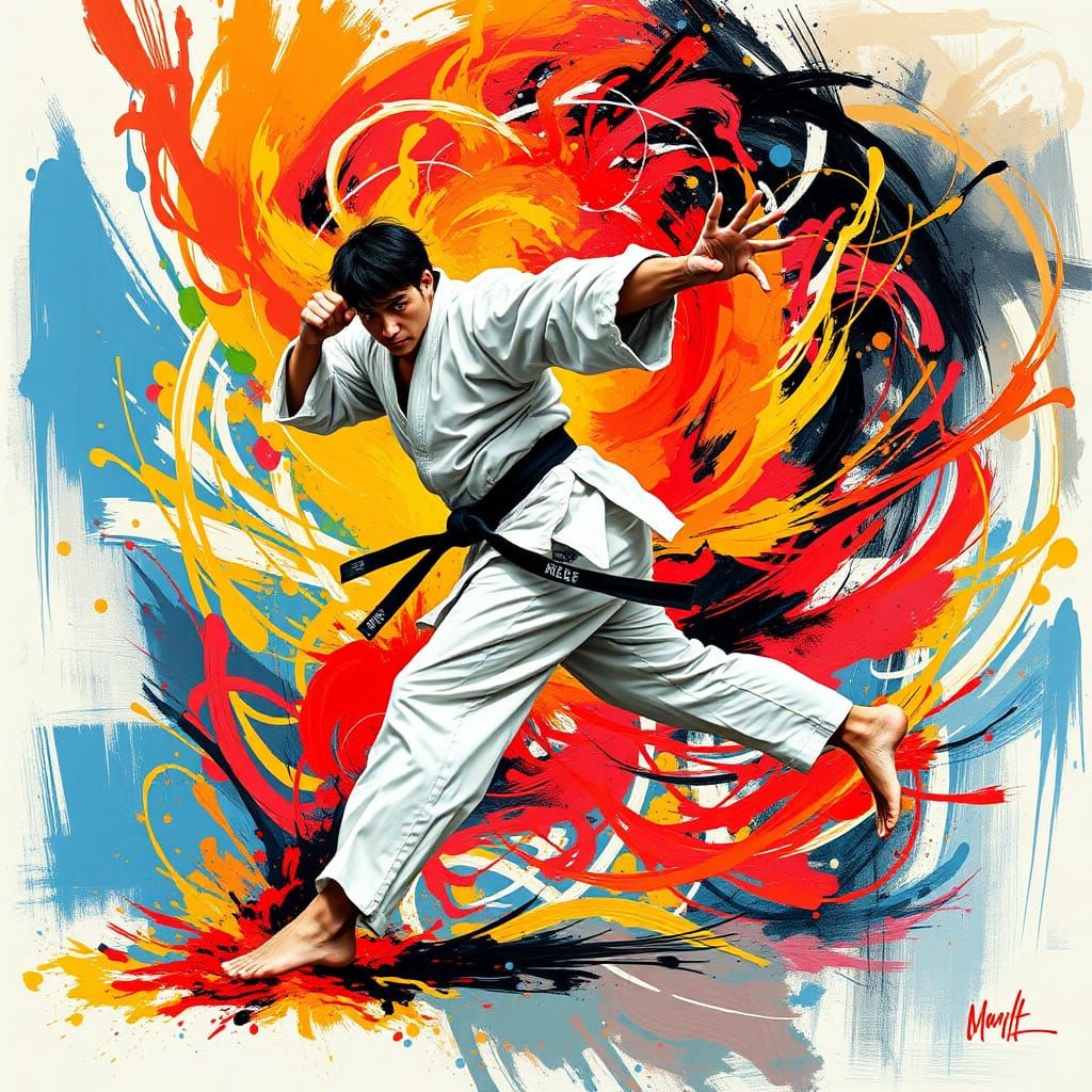 Dynamic Karate Master with Energy Trails as Abstract Art