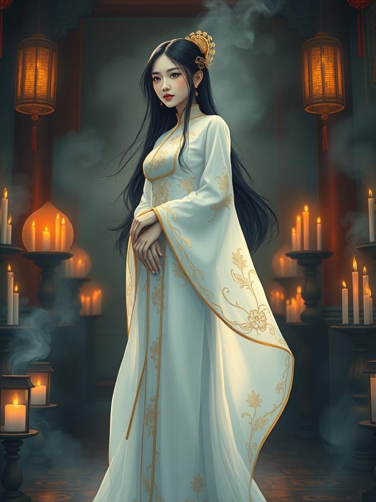 Ethereal Siamese Woman in Temple, Dreamy Art