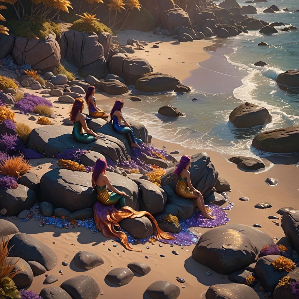 Mermaids Watching Beachgoers: Fantasy Matte Painting