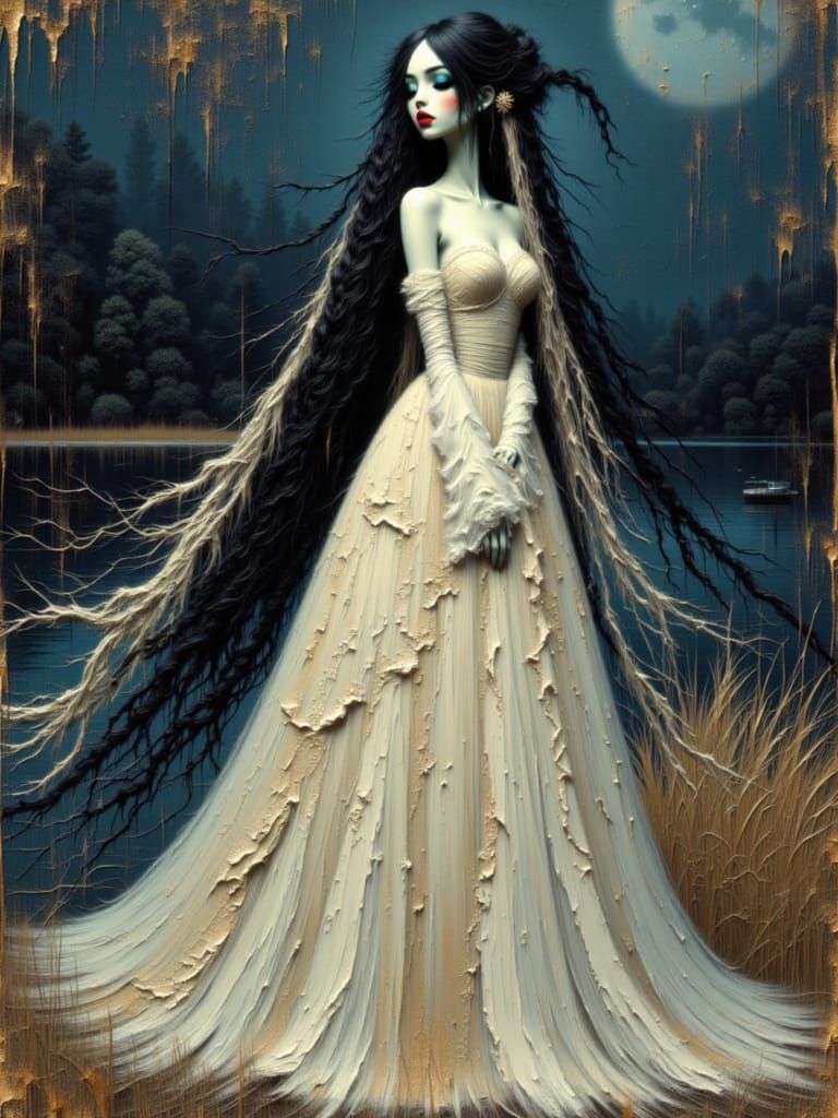 Goth-Inspired Woman in Flowing Cream and Gold Dress