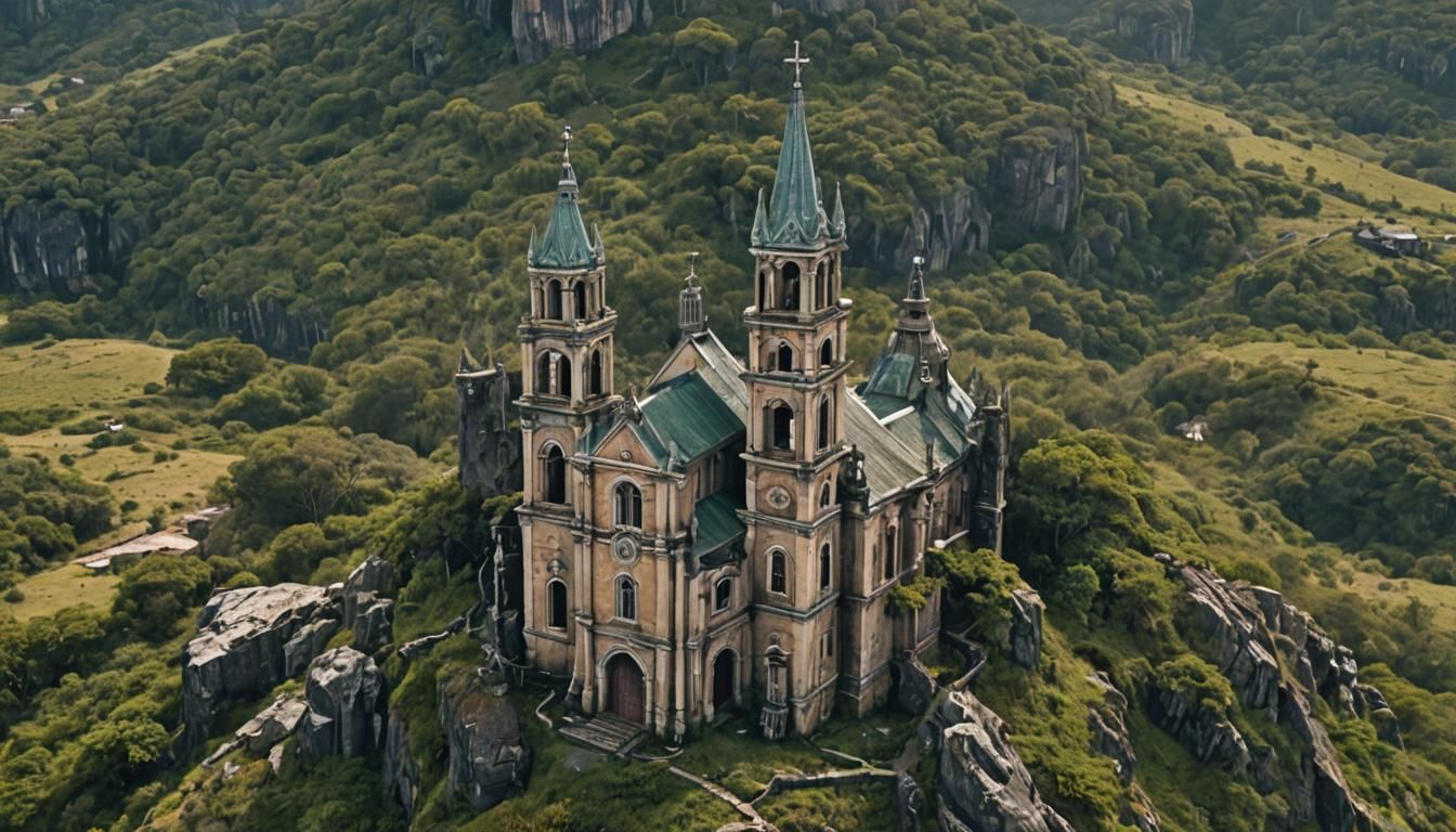 Abandoned Church Ruins with Angel Statue
