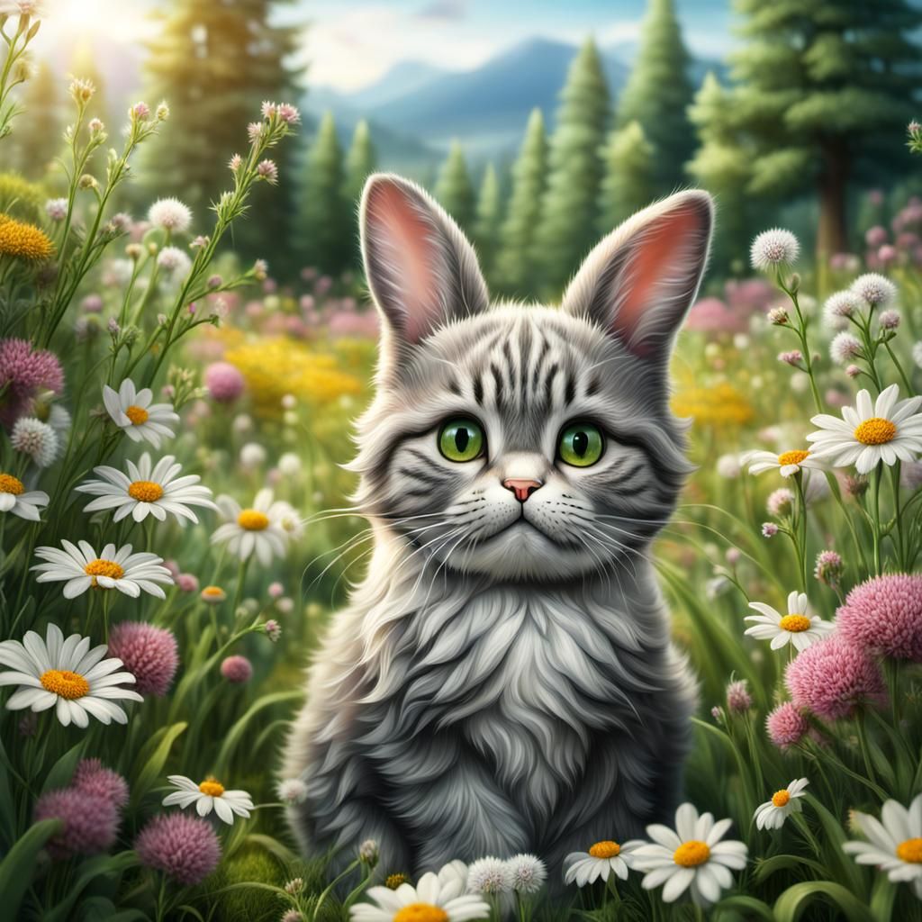 Hyperrealistic Bunny Cat in a Flower Meadow