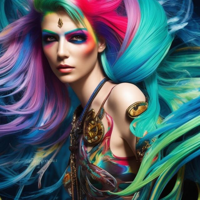 Rainbow-Haired Pirate in Marbling Gouache Style