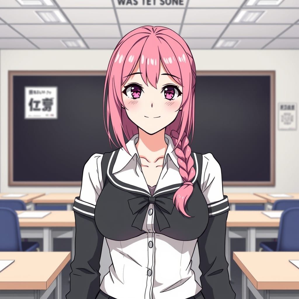 Anime-Inspired Teacher in Black and White Line Art