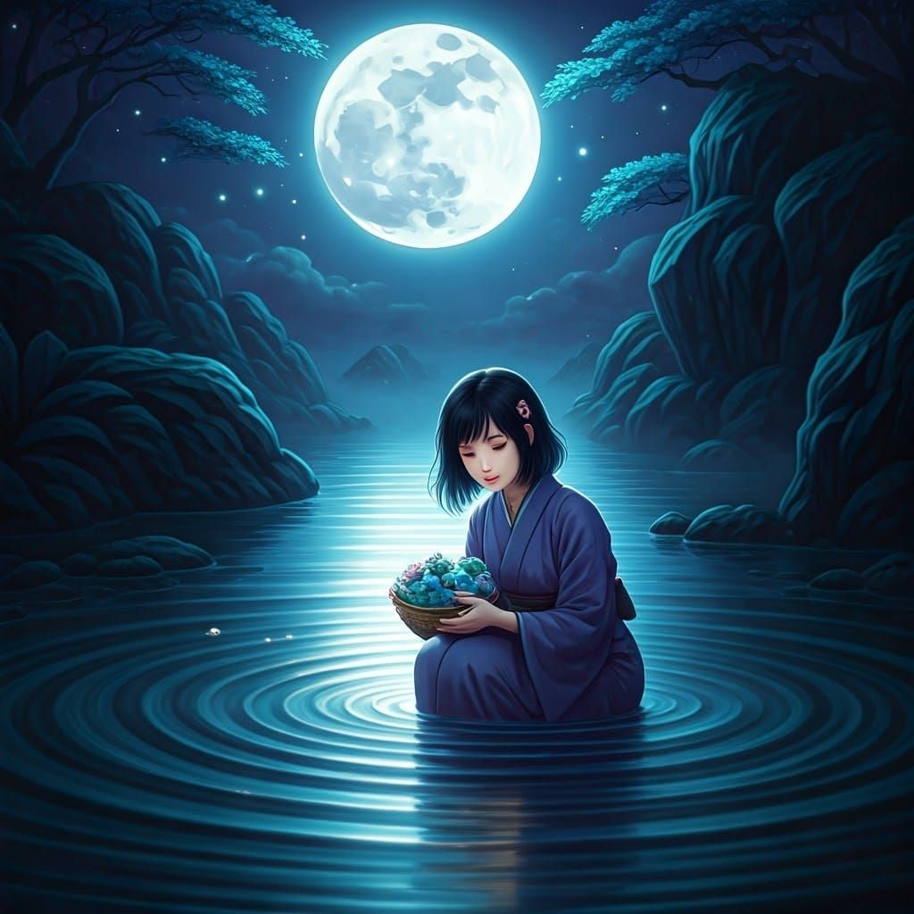 Rising Moon: Ukiyo-e Anime Digital Painting