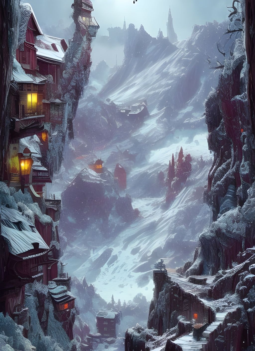 Village in Frozen Valley Watercolor Splash Art