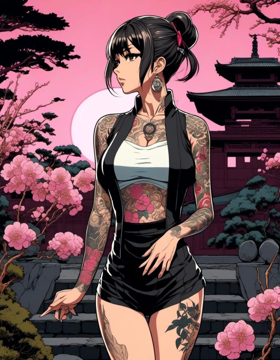 Anime Tattooed Yakuza Maiden, sullen expression standing in Japanese garden, moonlight, pink, brown and black. <lora:Gri...