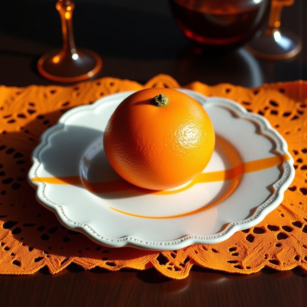 Candied Orange on Lace Tablecloth in Dramatic Light