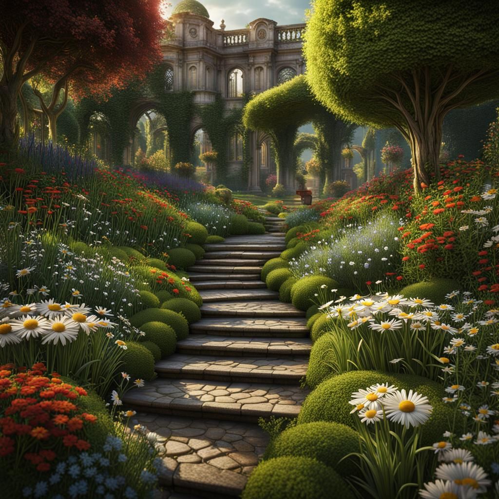 Dreamy 3D English Garden with Daisies