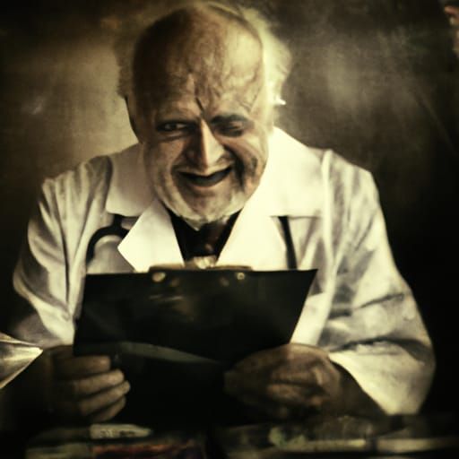Creepy Mad Doctor Checks Files: Detailed Digital Art