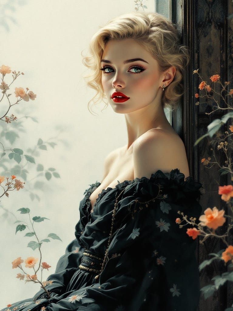 Blond Pin-Up Woman in Hiroshige-Ingres Delft Style