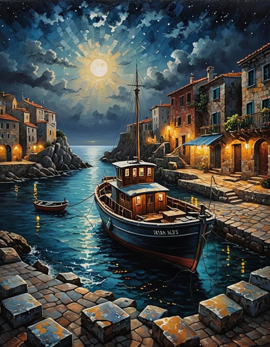 Mediterranean Harbour Scene in Rustic Acrylic Style