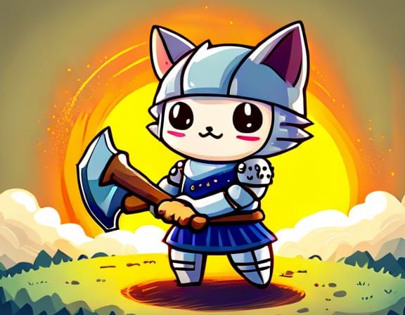 Cute Cat Warrior with Axe, Ghibli Style