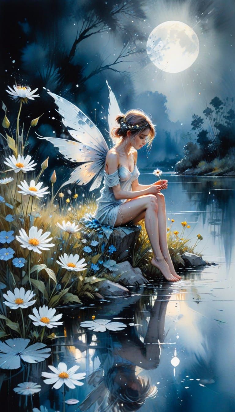 Moonlit Fairy by Lake in Watercolour Style