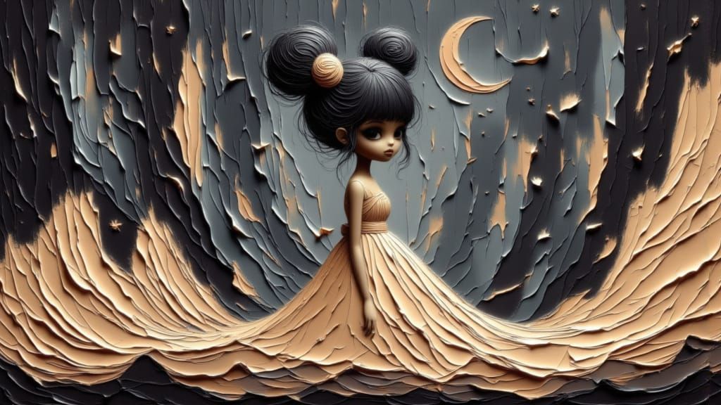 Ethereal Woman in Surreal Cosmic Landscape with Giant Books