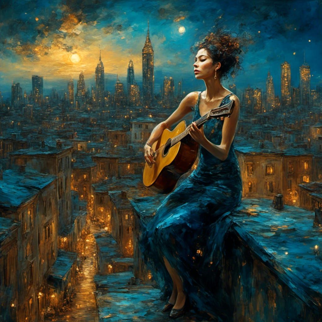 Rooftop Singer: Vibrant Oil Painting Cityscape