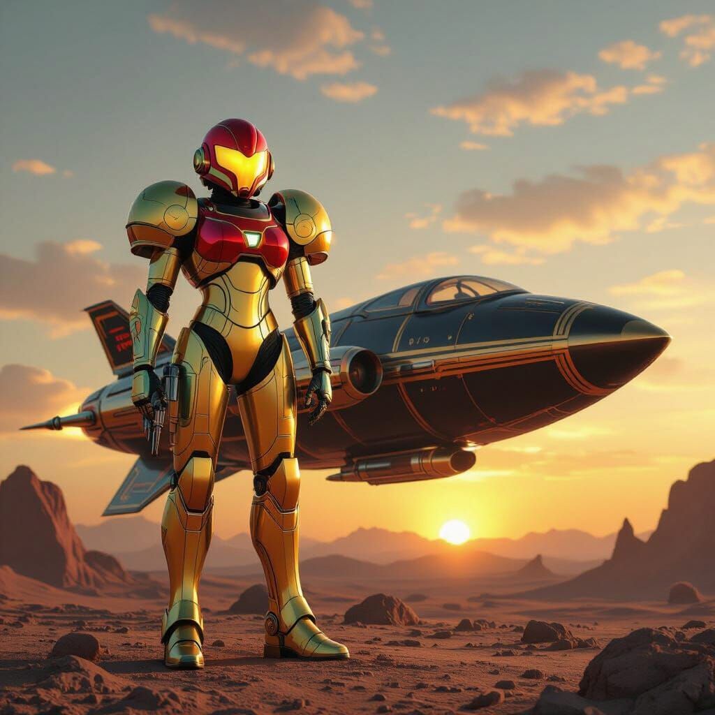 Heroic Samus Aran in 1930s Art Deco Power Suit at Sunset