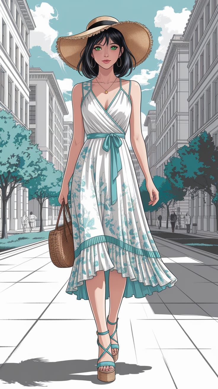 Bohemian Summer Dress Fashion Sketch in Anime Style