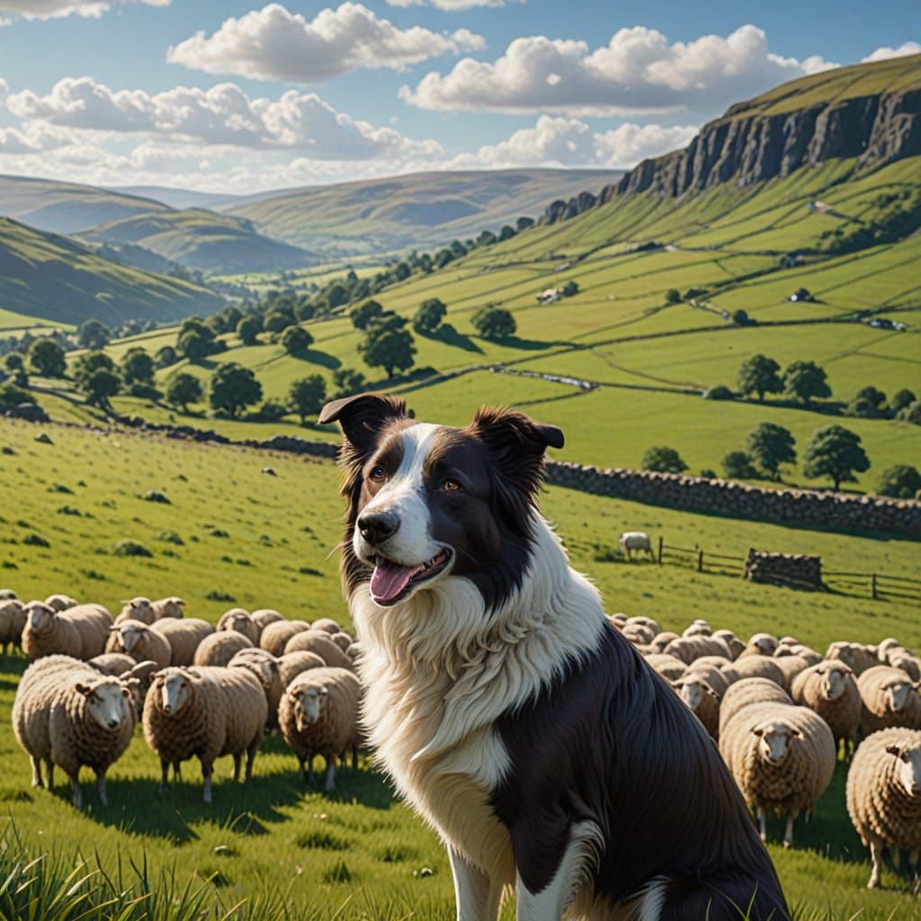 Border Collie and Sheep in Scottish Landscape, Impasto Oil P...