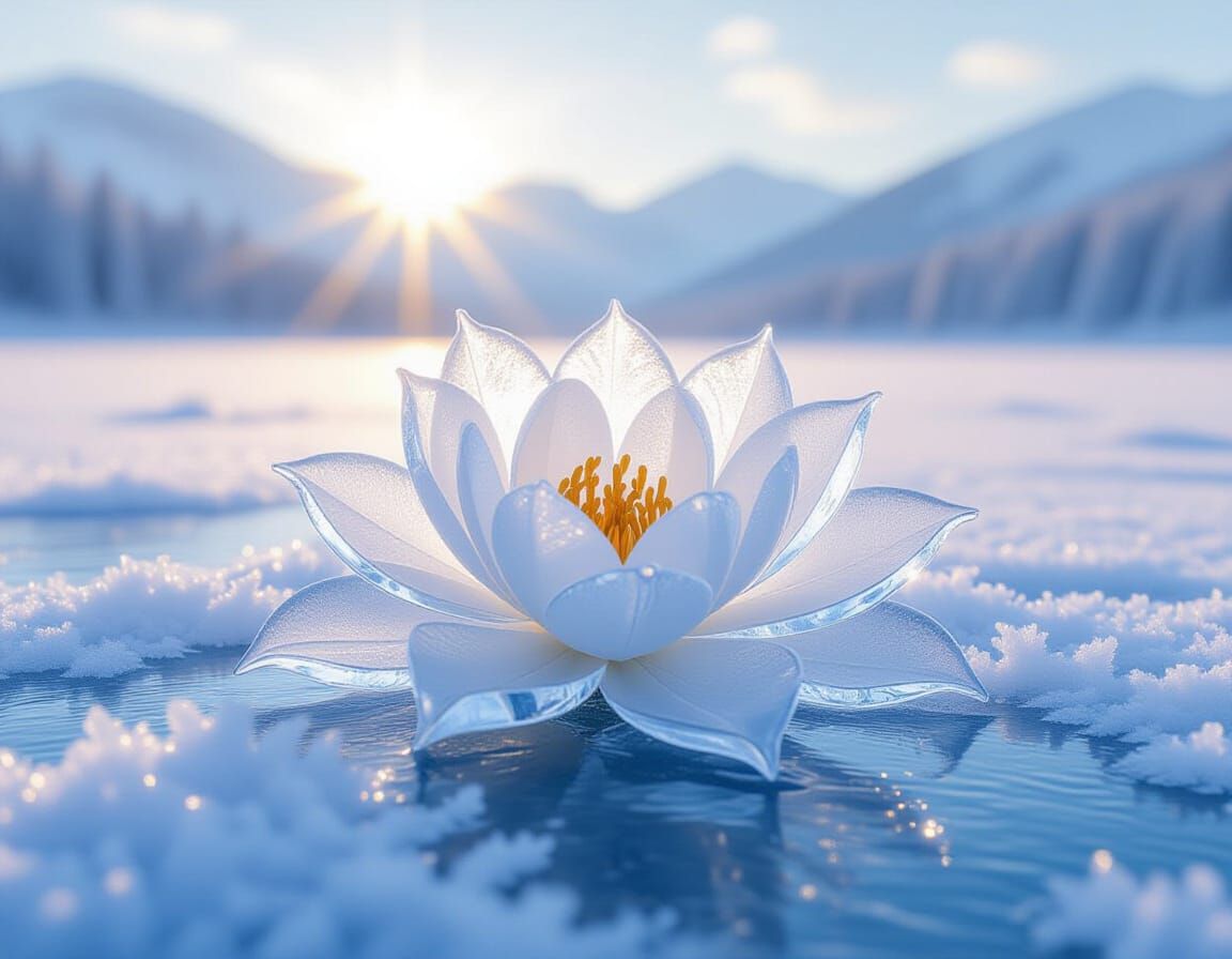 Ice Flower Blooms on Frozen Lake in Ethereal Winter Scene