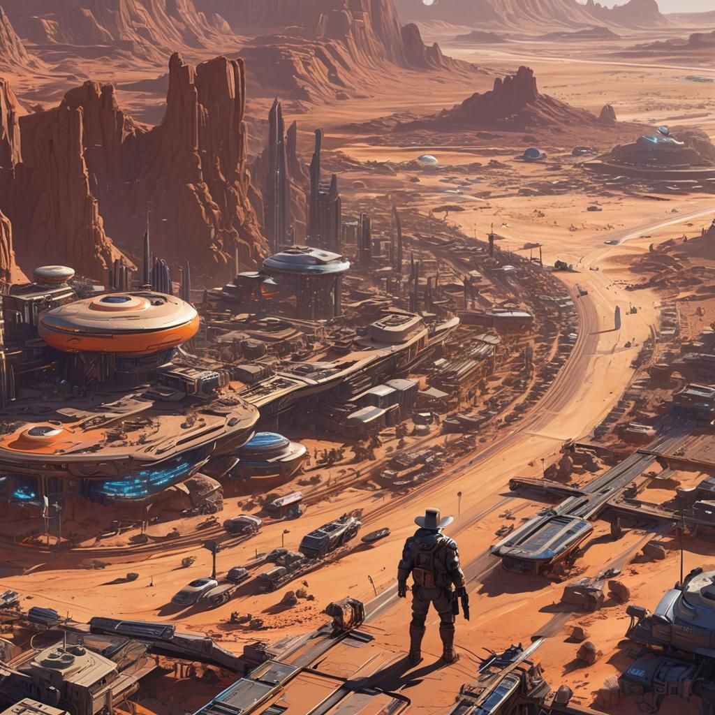 Futuristic Cowboy in Desert City, Cyberpunk Artwork